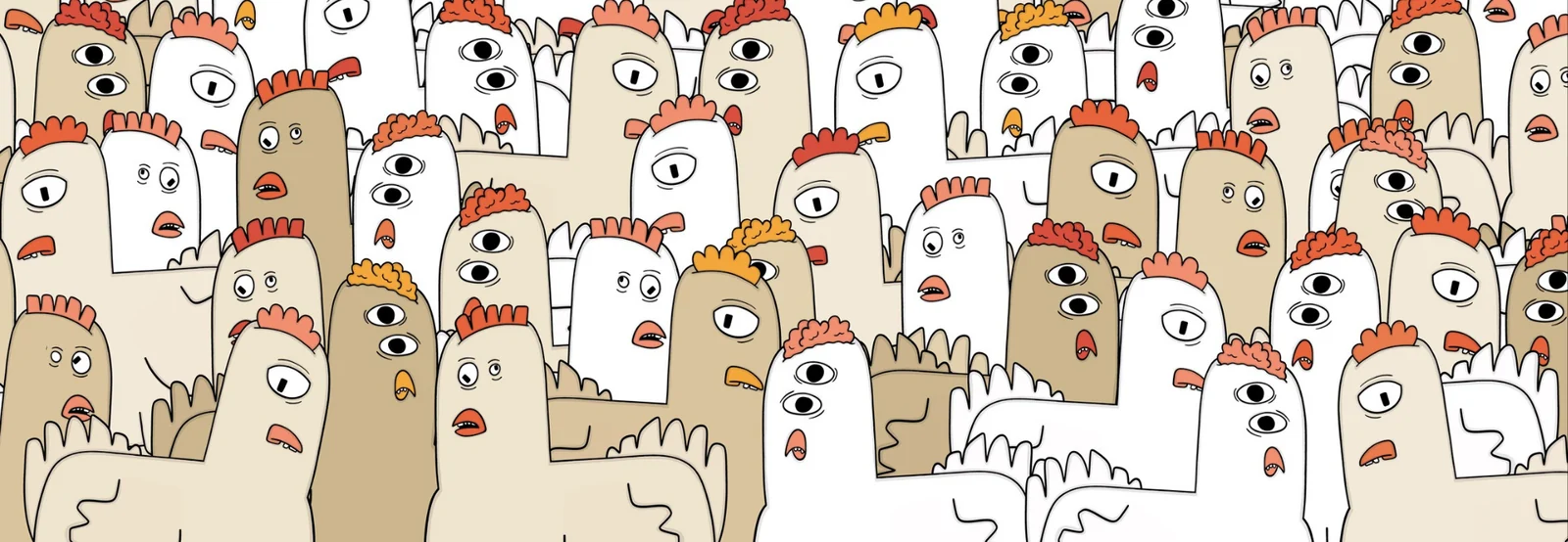 All Cooped Up exhibition banner, a crowd of hand-illustrated chickens